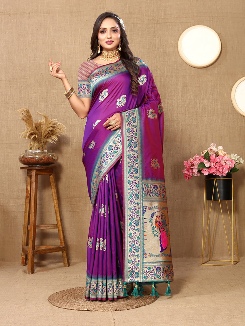 Lorenvalley Fashion Purple Soft Paithani Silk Woven Design Rich Meenakari Zari Weaving Pallu Saree - Swadesiicart