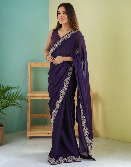 Lorenvalley Fashion Purple Rangoli Silk with Coding Lace Work Saree with Blouse - Swadesiicart