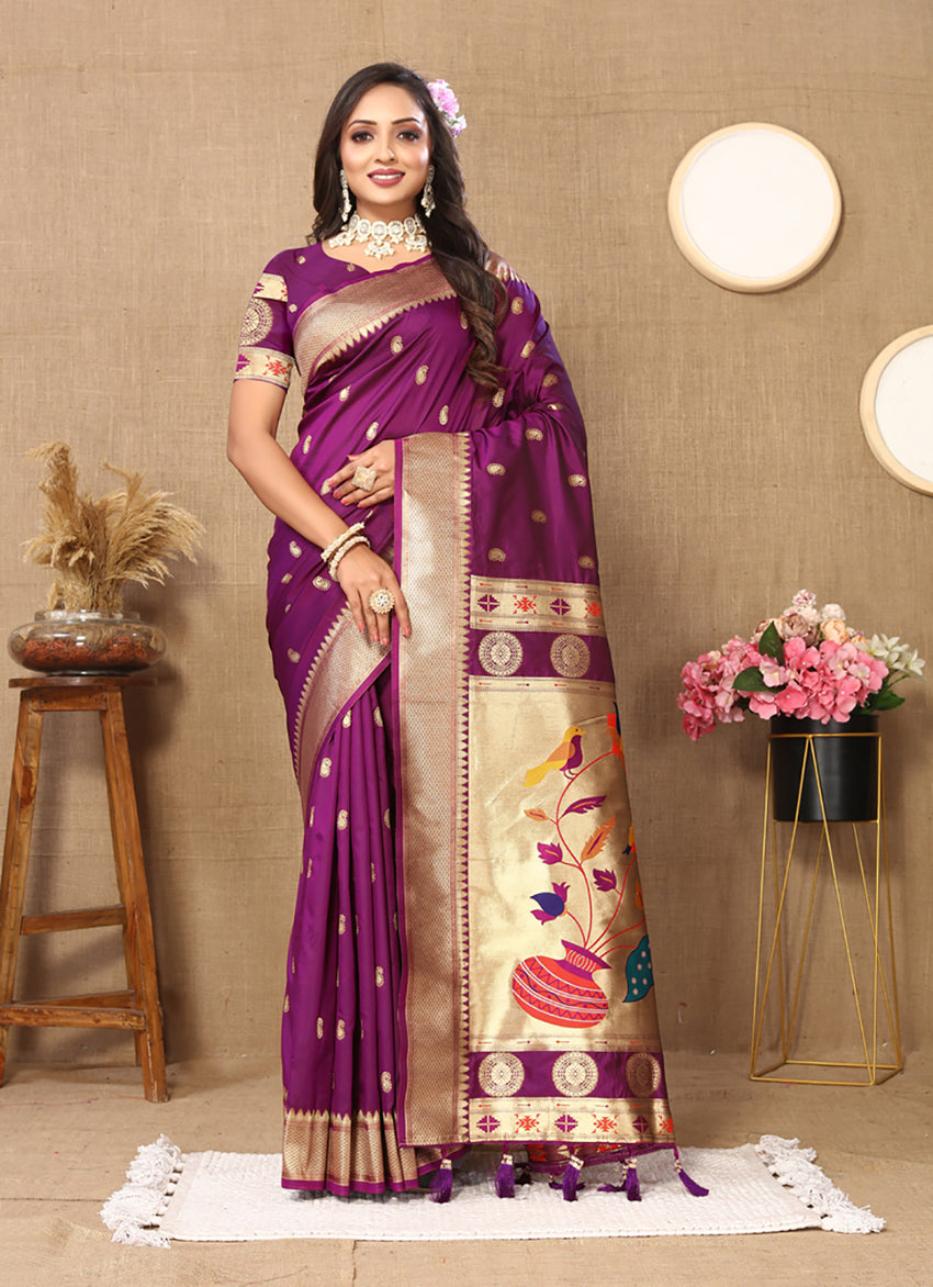 Lorenvalley Fashion Purple Soft Paithani Silk Woven Design Rich Zari Meenakari Weaving Saree - Swadesiicart