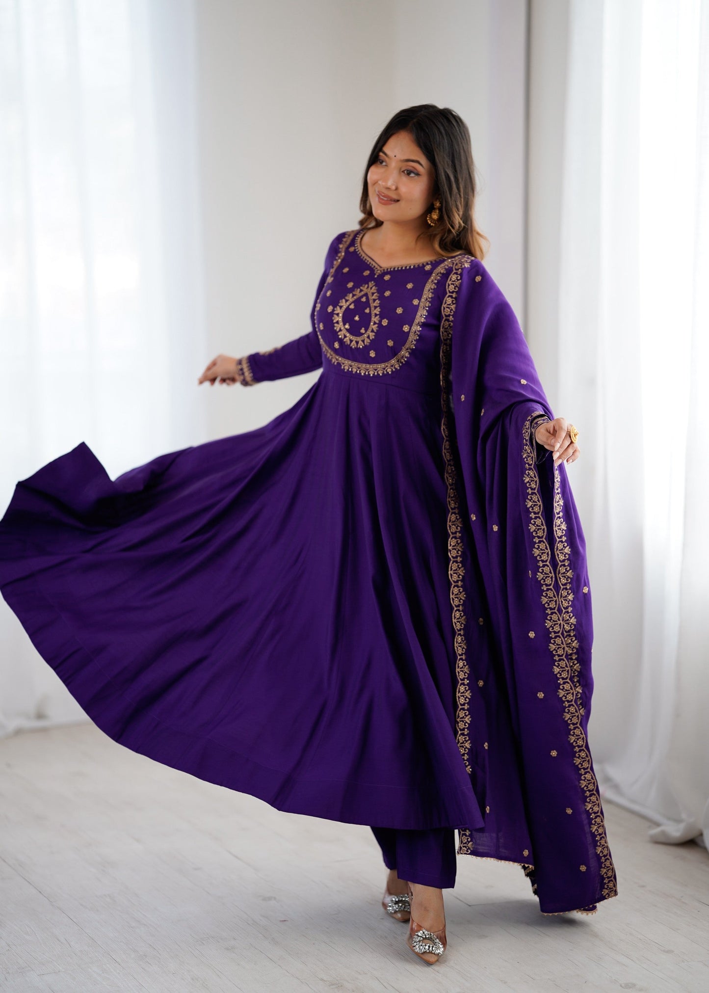Lorenvalley Fashion Purple Roman Chanderi Silk Handwork Beads Work Anarkali Pant with Dupatta - Swadesiicart