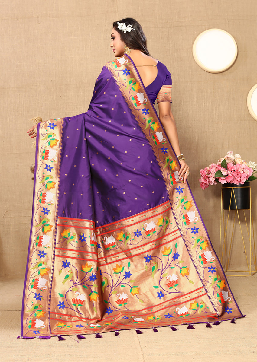 Lorenvalley Fashion Purple Soft Paithani Silk Woven Design Rich Zari Meenakari Weaving Saree - Swadesiicart