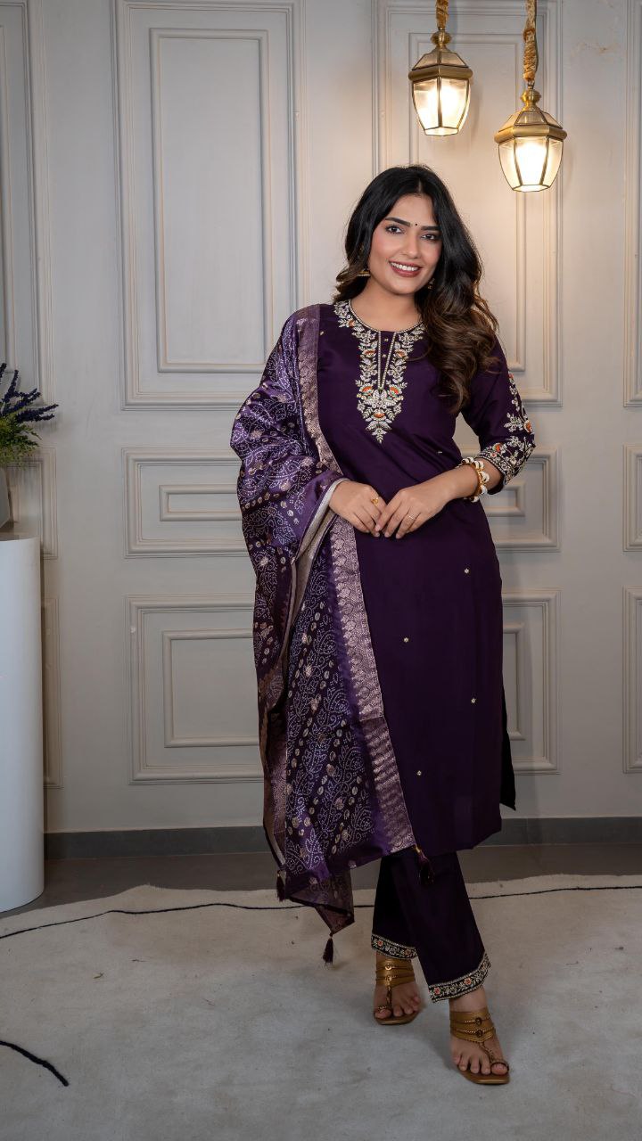 Lorenvalley Fashion Purple Roman Silk Embroidery Multi Work Kurta Pant with Dupatta - Swadesiicart