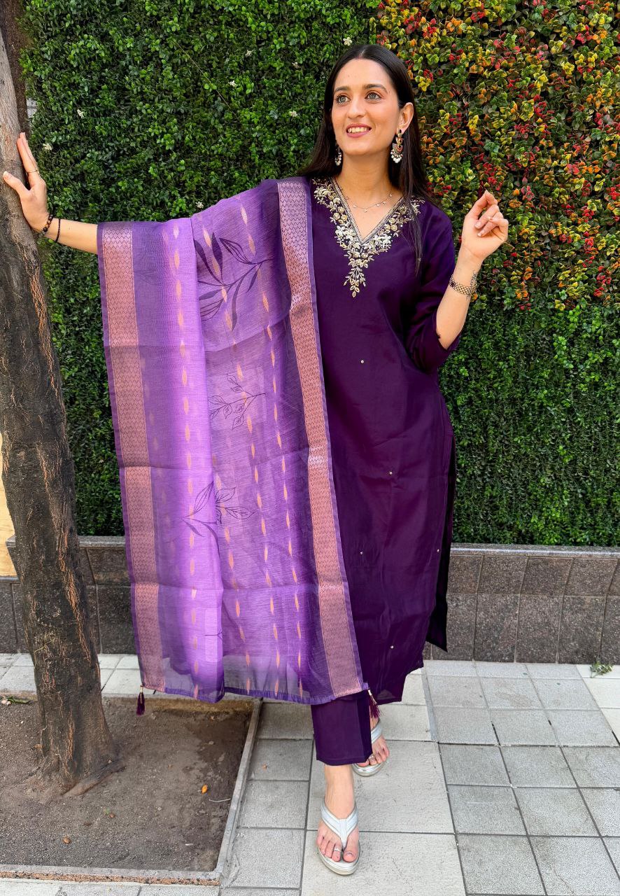 Lorenvalley Fashion Purple Roman Silk Hand Work Kurta Pant with Dupatta - Swadesiicart