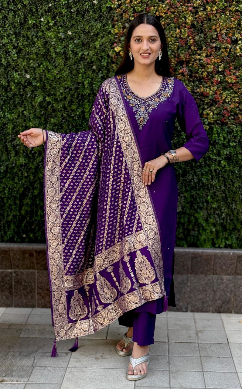 Lorenvalley Fashion Purple Roman Silk Hand Work Kurta Pant with Dupatta - Swadesiicart