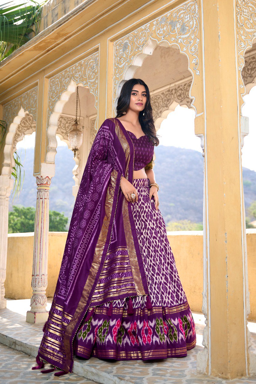Lorenvalley Purple Tussar Silk Ikkat Print With Foil Work Lehenga Choli with Dupatta | Swadesiicart