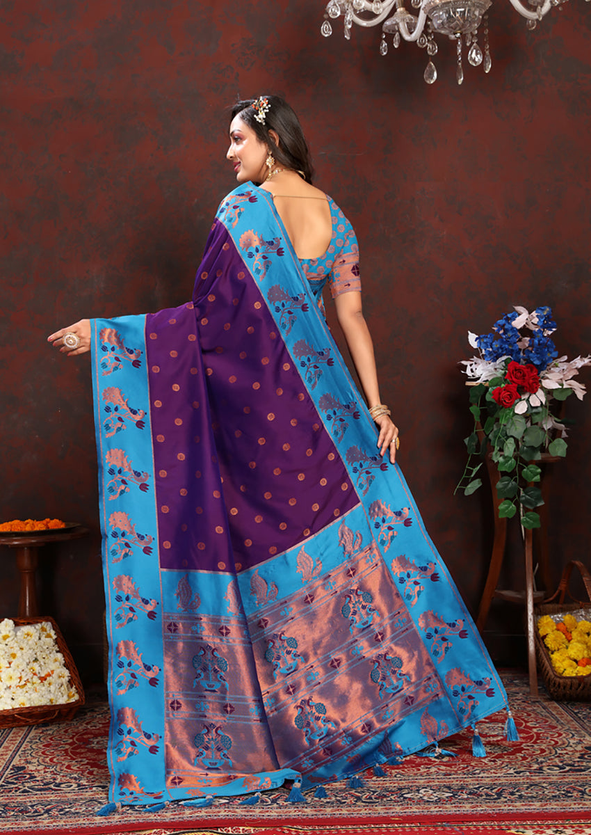 Lorenvalley Fashion Purple Soft Paithani Silk Woven Design Rich Zari Meenakari Weaving Saree - Swadesiicart