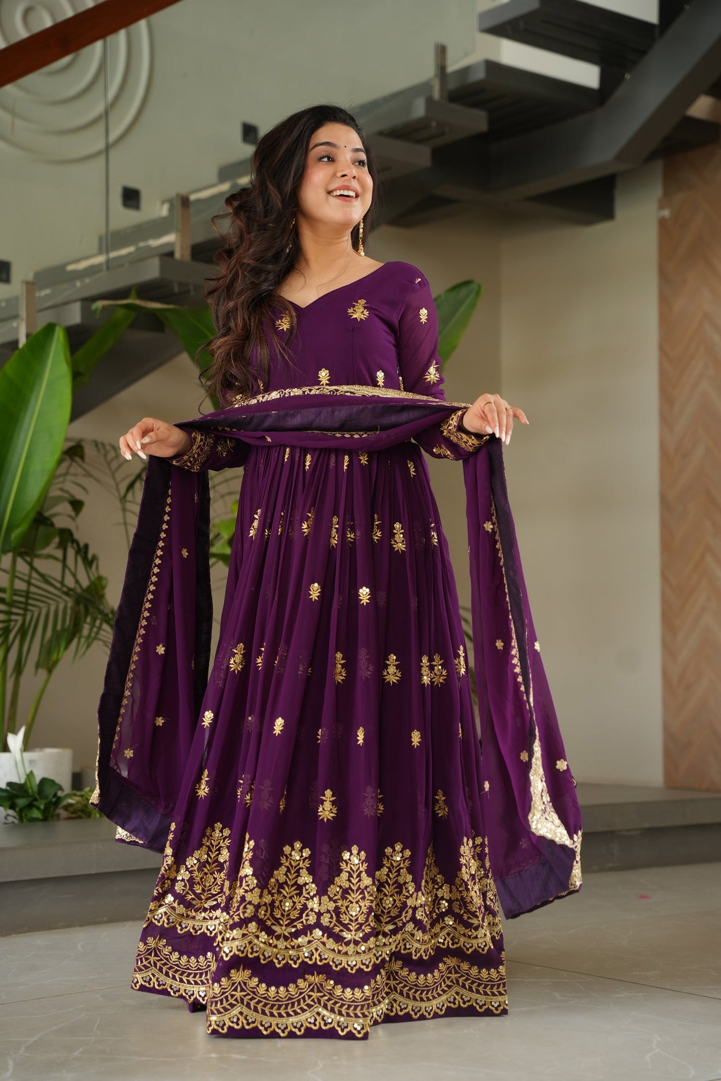 Lorenvalley Fashion Purple Faux Georgette with Zari & Sequins Embroidered Work Anarkali Gown with Dupatta - Swadesiicart