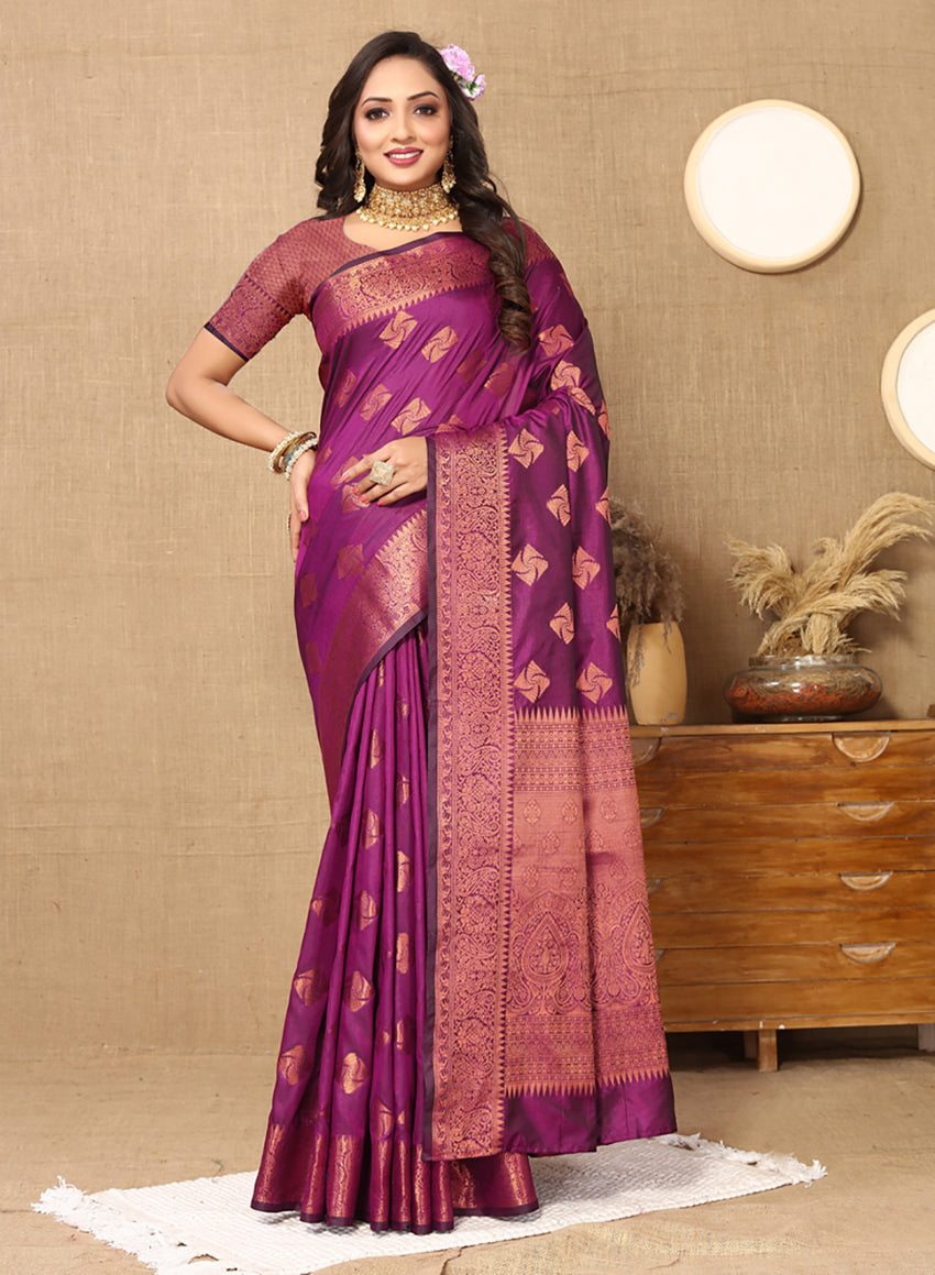 Lorenvalley Fashion Purple Soft Katan Silk Woven Design Copper Zari Weaving Saree - Swadesiicart