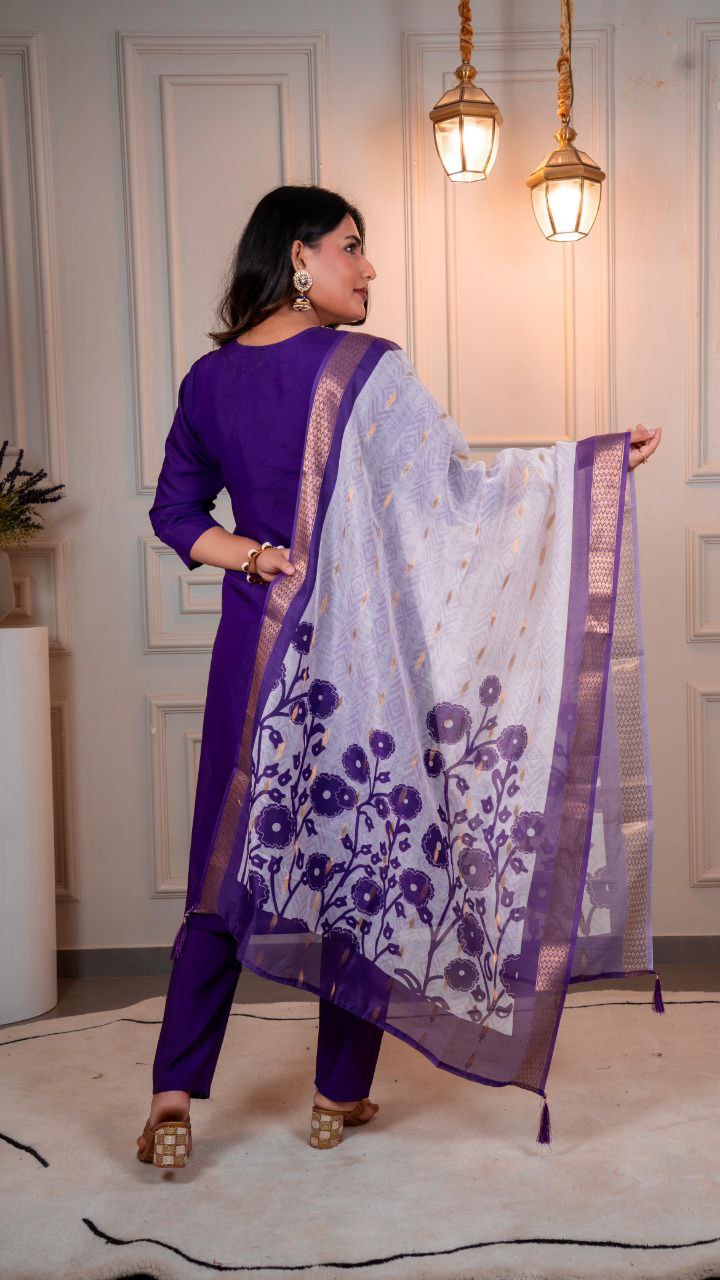 Lorenvalley Fashion Purple Roman Silk Hand Work Kurta Pant with Dupatta - Swadesiicart