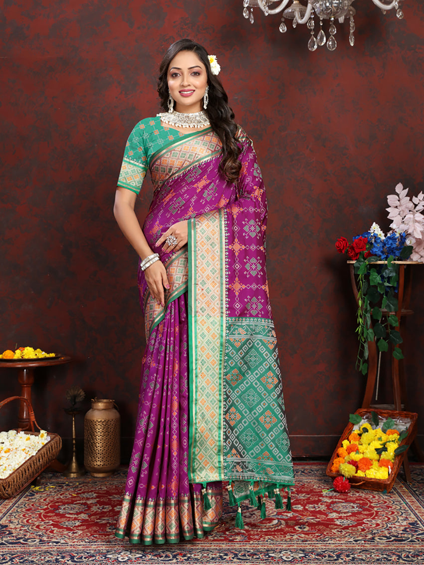 Lorenvalley Fashion Purple Patola Silk Woven Design with Zari Meenakari Weaving motifs Pallu Saree - Swadesiicart