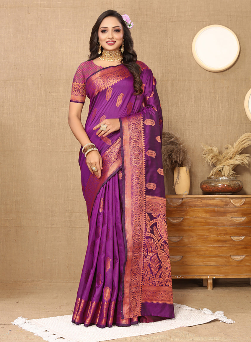 Lorenvalley Fashion Purple Soft Katan Silk Woven Design Copper Zari Weaving Saree - Swadesiicart