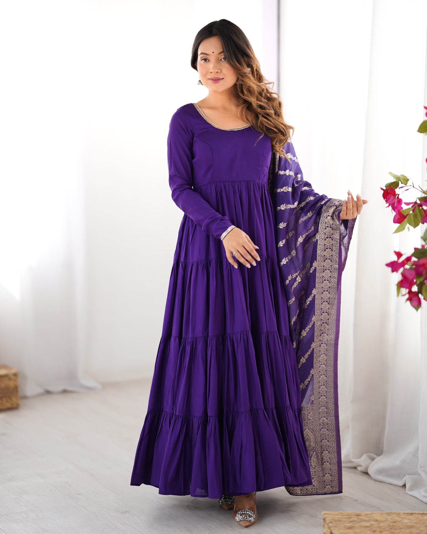 Lorenvalley Women Pure Roman silk Chanderi Fabric Layer Gathering Anarkali Kurta Pant With Dupatta Set | Swadesiicart