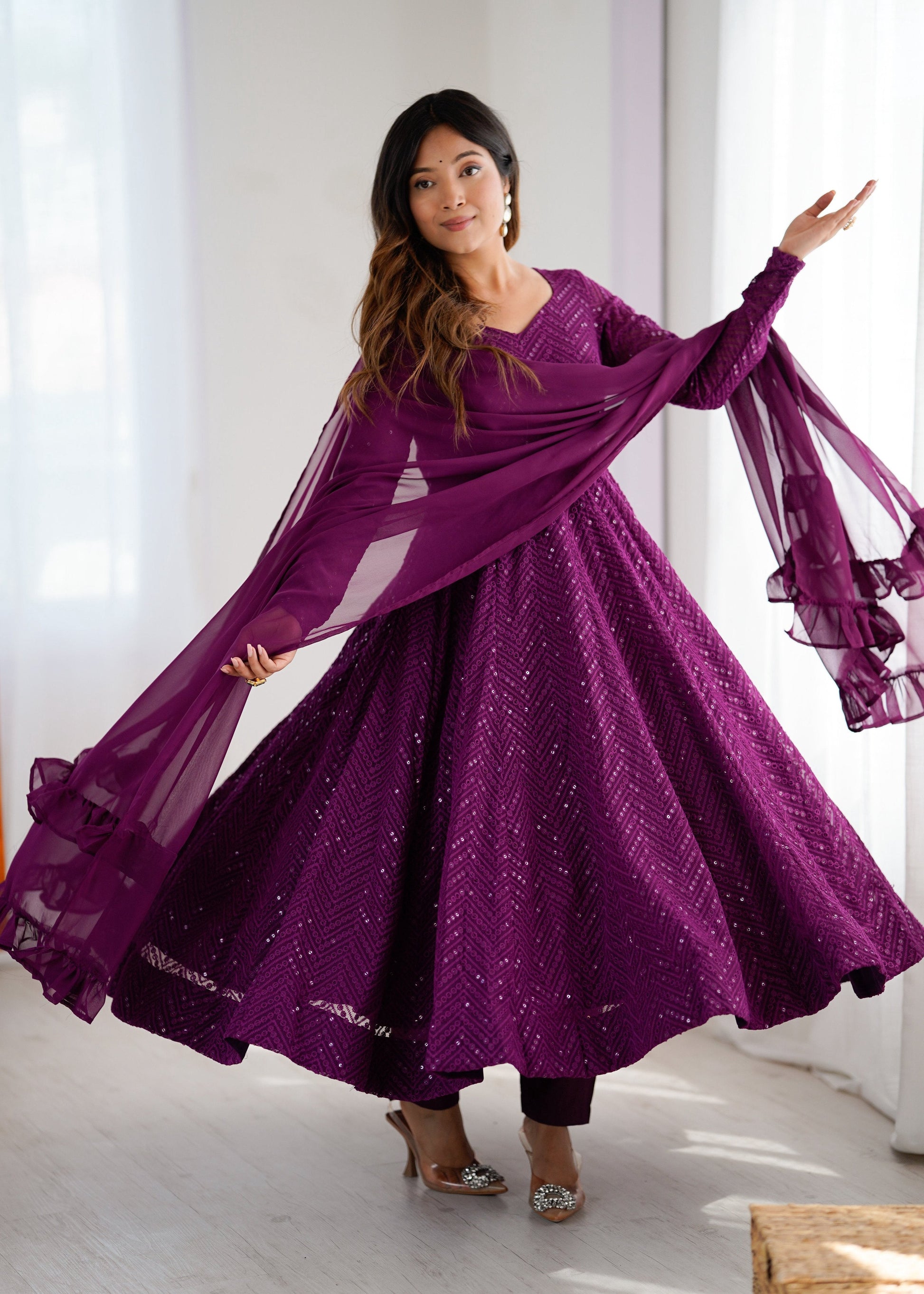 Lorenvalley Purple Faux Georgette Lukhnowi Sequence Work Anarkali Kurta Pant With Dupatta Set - Swadesiicart