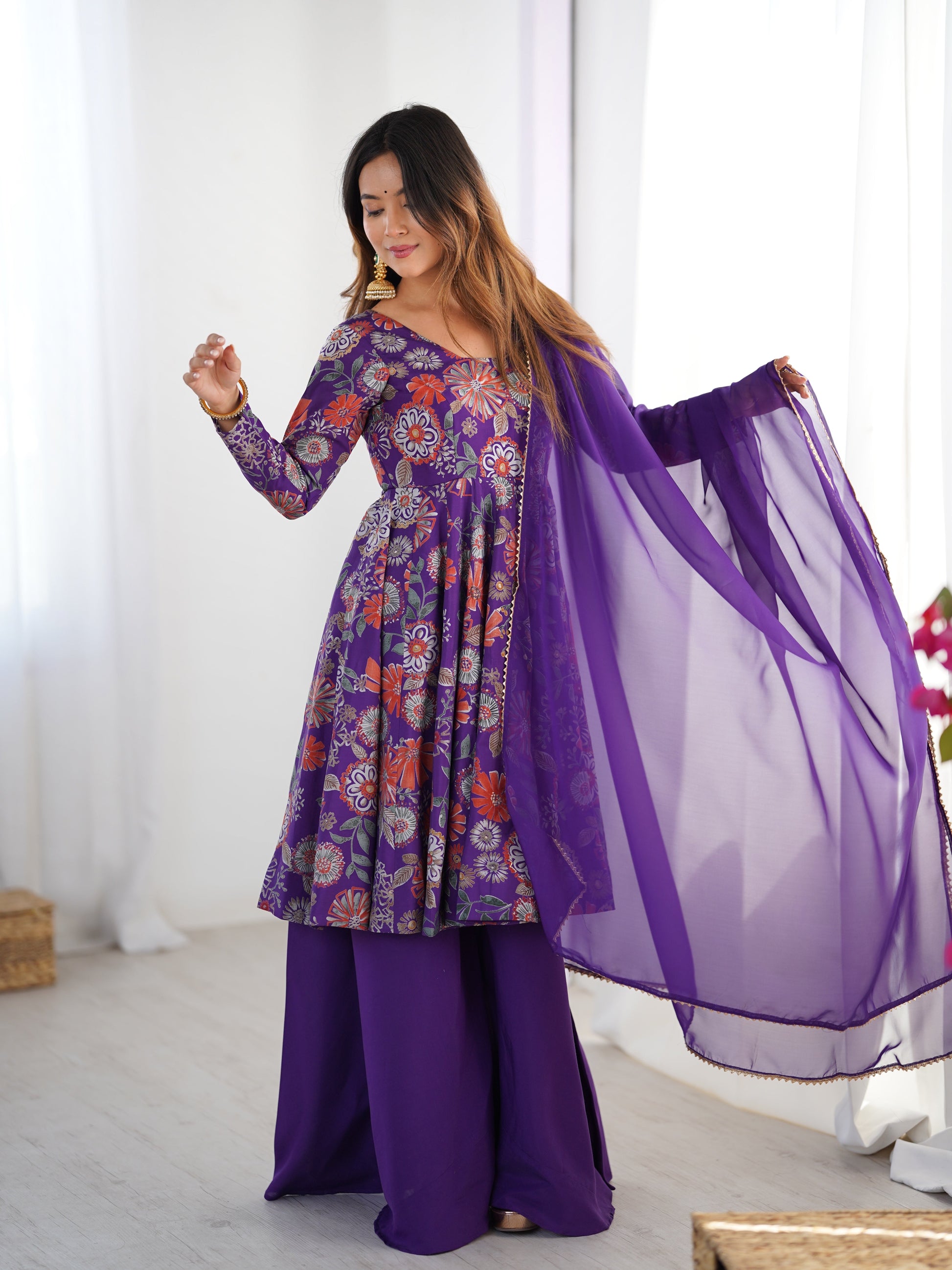 Lorenvalley Women Pure Soft Roman silk Chanderi Discharge Print Fabric Kediya Kurta Palazzo with Dupatta Set | Swadesiicart