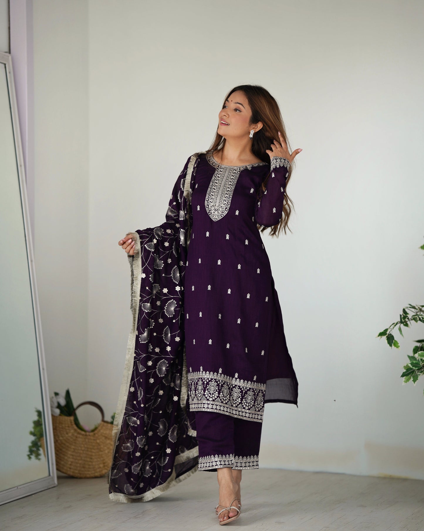 Lorenvalley Purple Rangoli Silk Embroidery Sequence and Jari Work Kurta Trousers with Dupatta Set | Swadesiicart