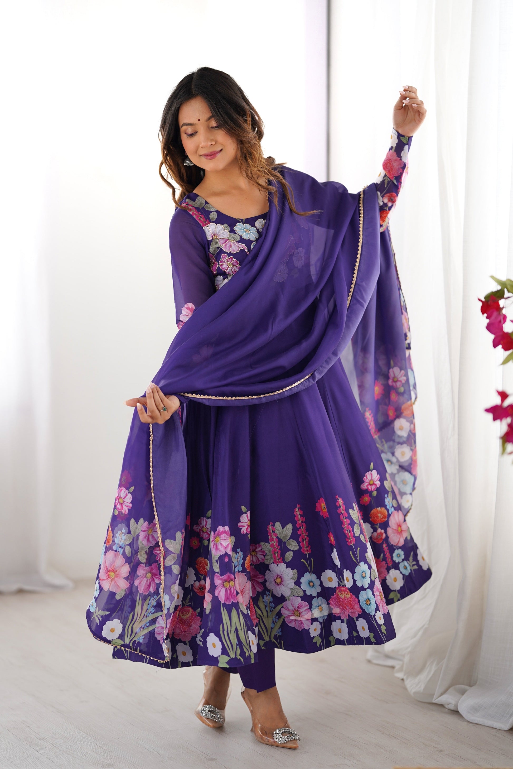 Lorenvalley Purple Soft Organza Silk With Floral Print Fully Flared Anarkali Pant With Dupatta Set | Swadesiicart