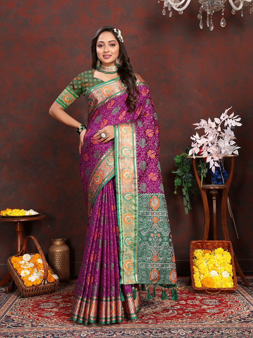 Lorenvalley Fashion Purple Patola Silk Woven Design with Zari Meenakari Weaving motifs Pallu Saree - Swadesiicart
