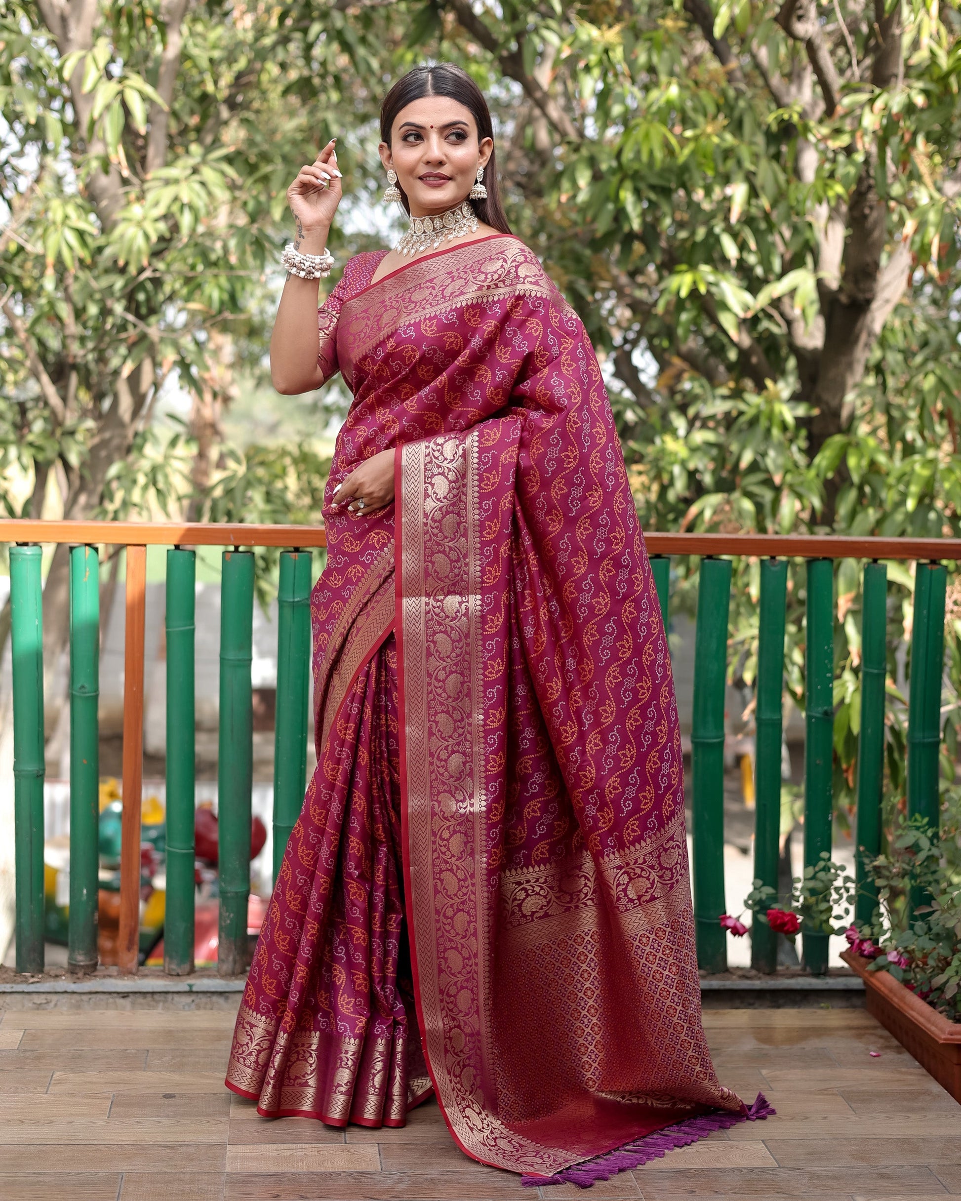 Lorenvalley Premium Bandhej Patola Silk Sarees with kanchi Borders and Contrast Zari Weaving borders Saree - Purple - Swadesiicart