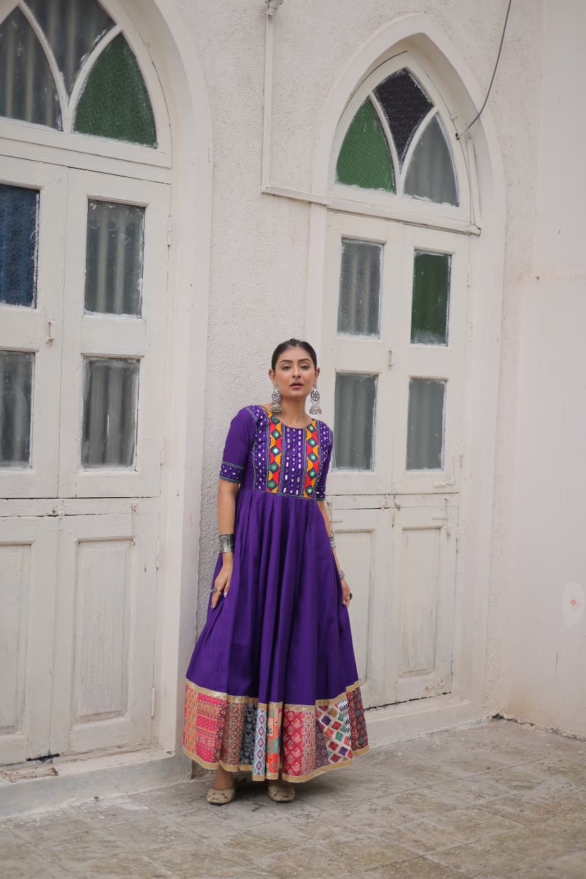 Lorenvalley Fashion Purple Roman Silk with Thread with mirror work & Maslin Crochet Print Work Gown | Swadesiicart