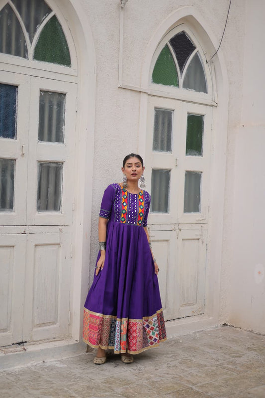 Lorenvalley Fashion Purple Roman Silk with Thread with mirror work & Maslin Crochet Print Work Gown | Swadesiicart