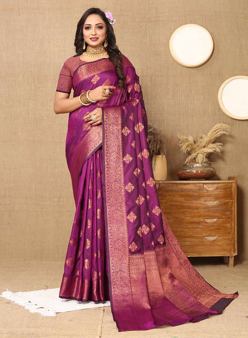 Lorenvalley Fashion Purple Soft Katan Silk Woven Design Copper Zari Weaving Saree - Swadesiicart