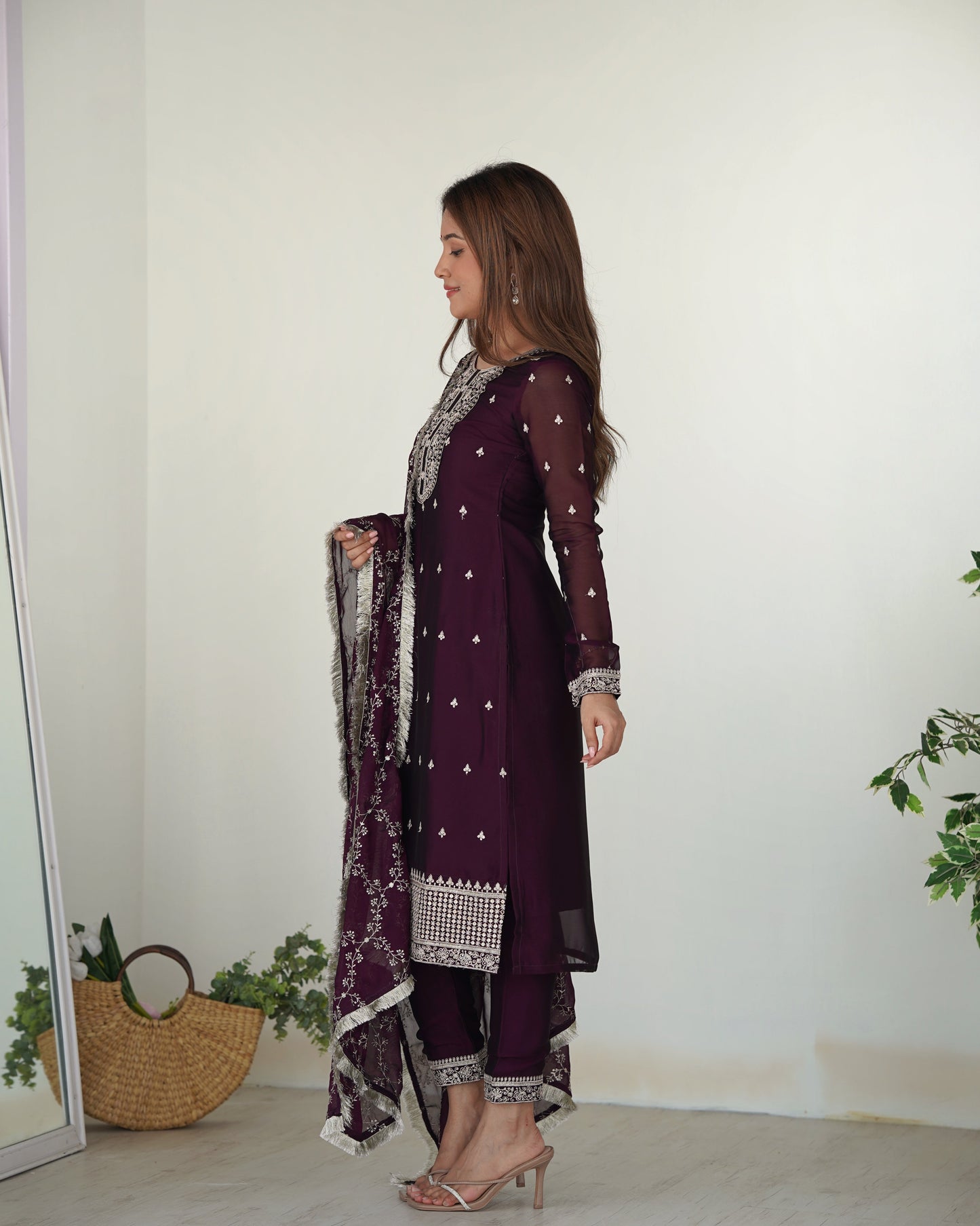 Lorenvalley Wine Rangoli Silk Embroidery Sequence And Thread Work Kurta Trousers with Dupatta Set | Swadesiicart