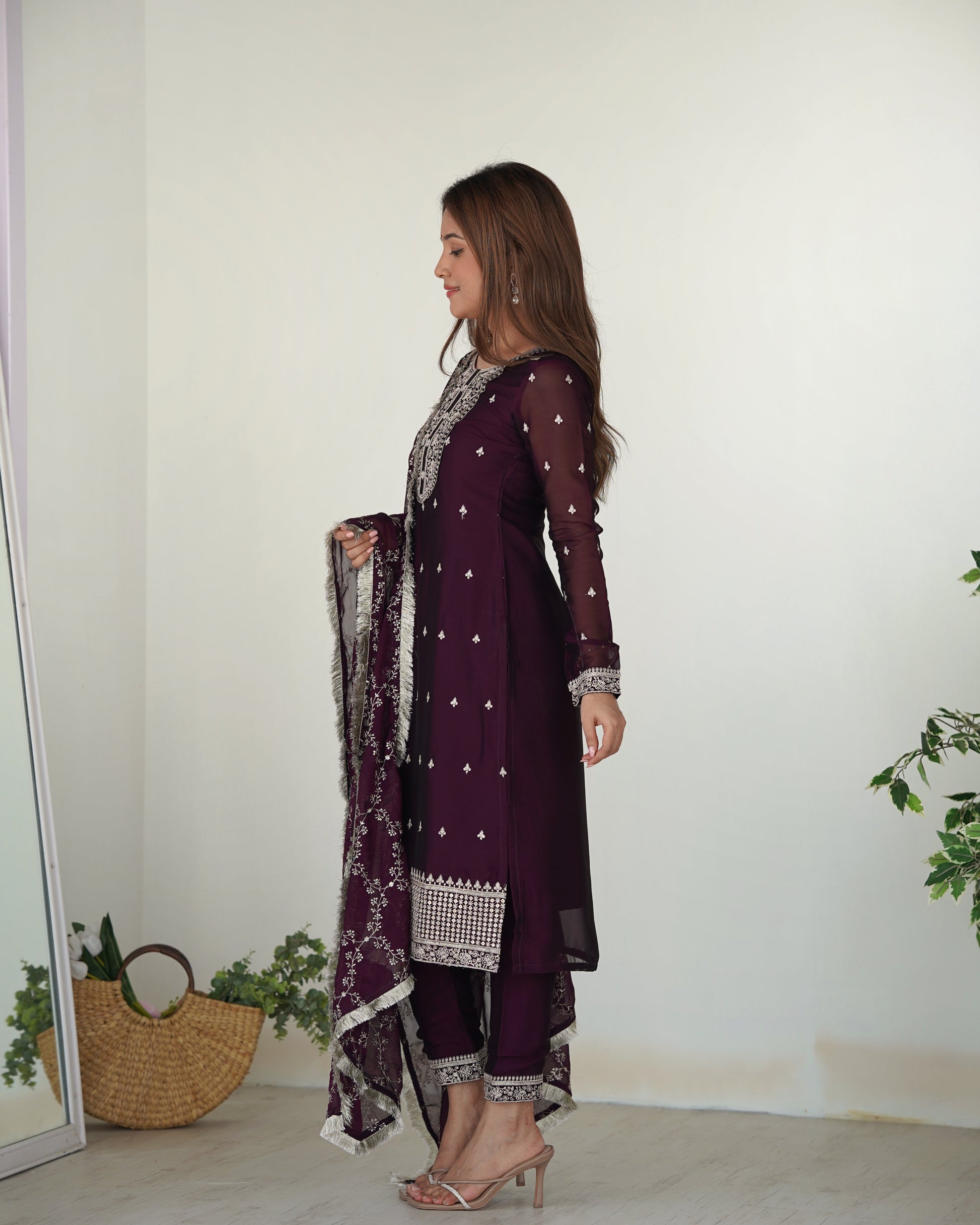 Lorenvalley Wine Rangoli Silk Embroidery Sequence And Thread Work Kurta Trousers with Dupatta Set | Swadesiicart