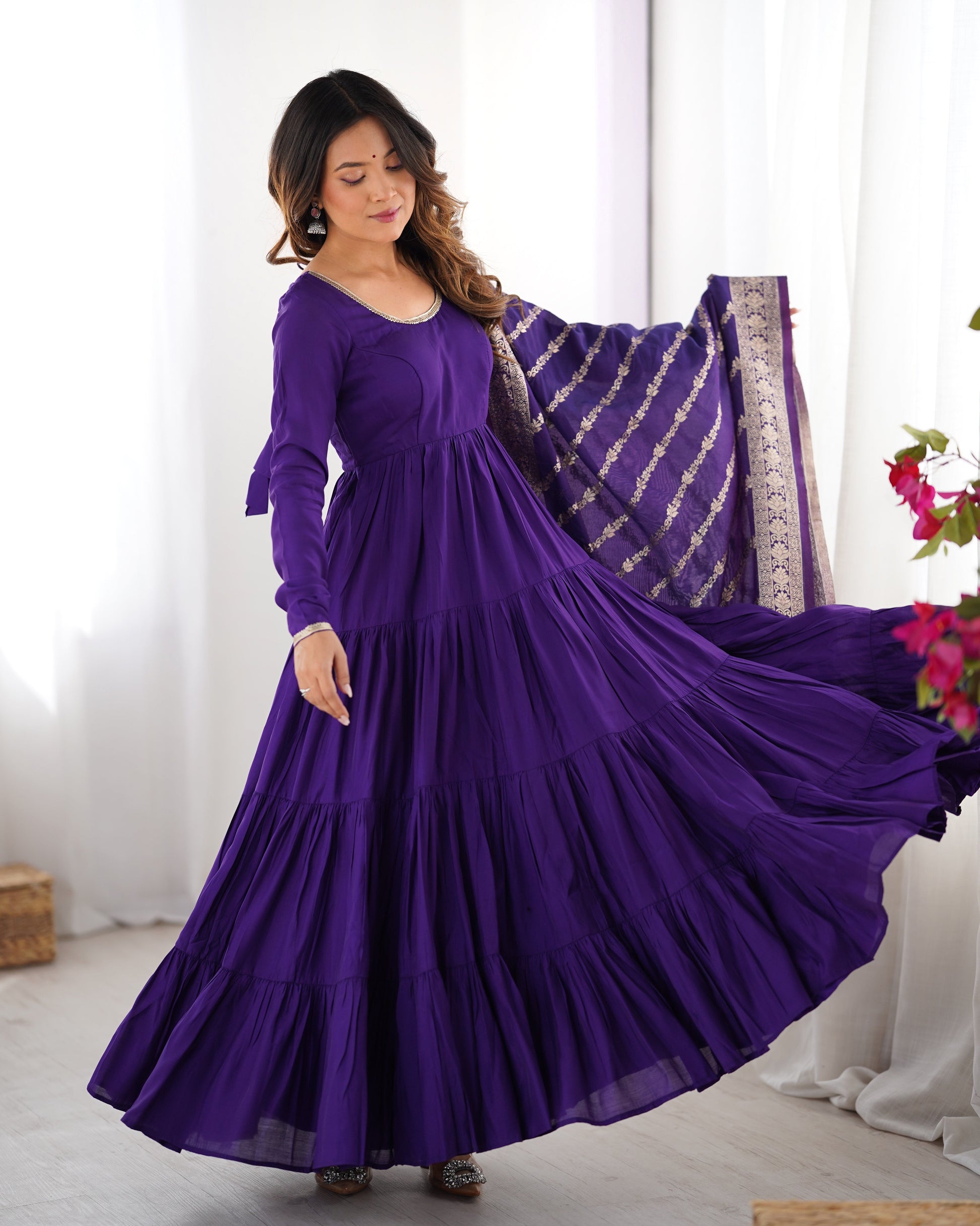 Lorenvalley Women Pure Roman silk Chanderi Fabric Layer Gathering Anarkali Kurta Pant With Dupatta Set | Swadesiicart