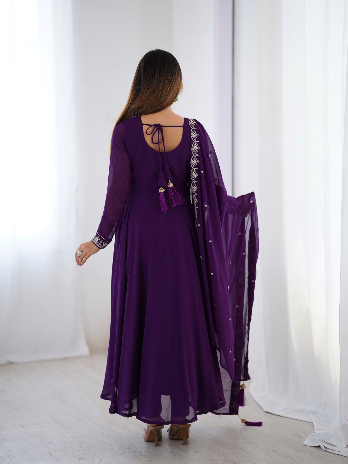 Lorenvalley Purple Faux Georgette Fancy Embroidery Beads And Jari Work Anarkali Kurta Palazzo With Dupatta Set | Swadesiicart