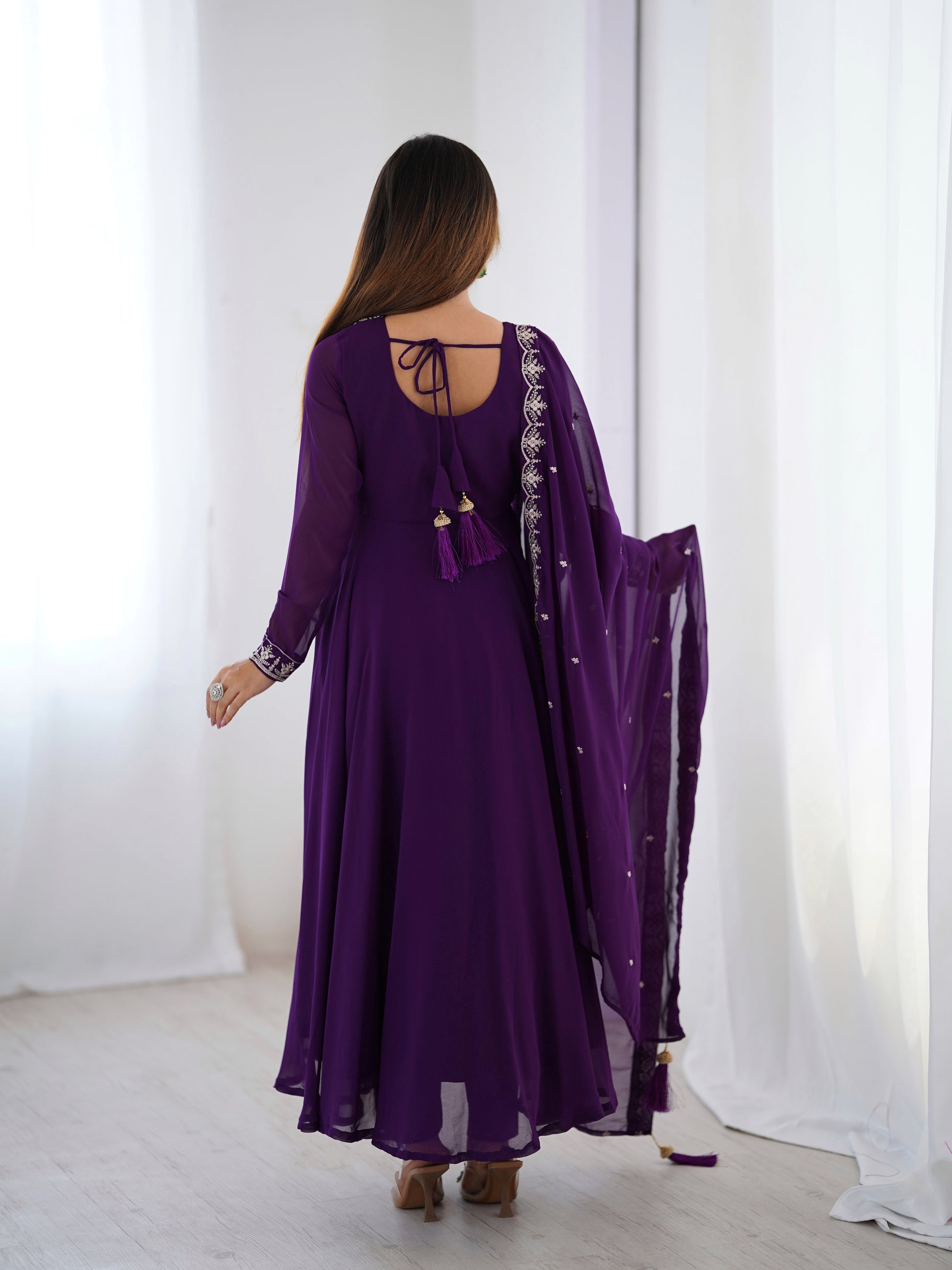 Lorenvalley Purple Faux Georgette Fancy Embroidery Beads And Jari Work Anarkali Kurta Palazzo With Dupatta Set | Swadesiicart