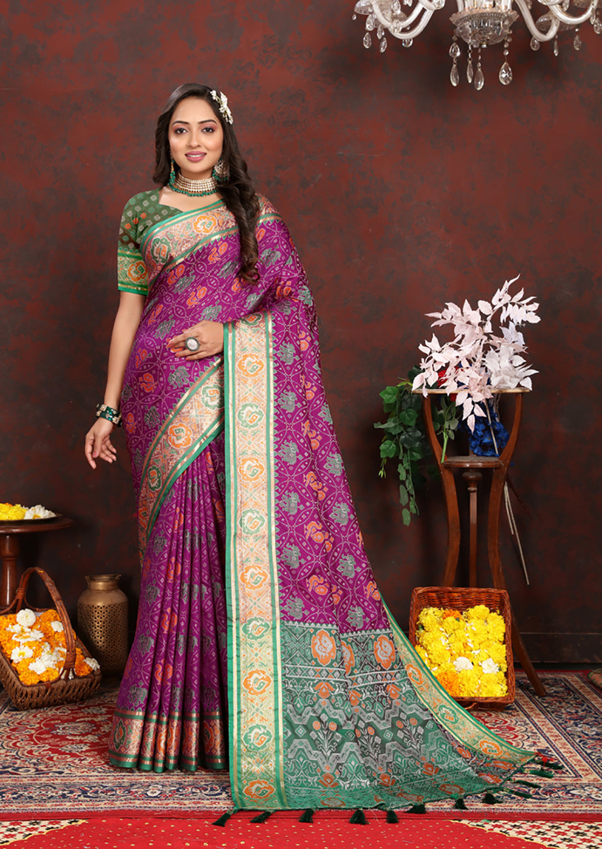 Lorenvalley Fashion Purple Patola Silk Woven Design with Zari Meenakari Weaving motifs Pallu Saree - Swadesiicart