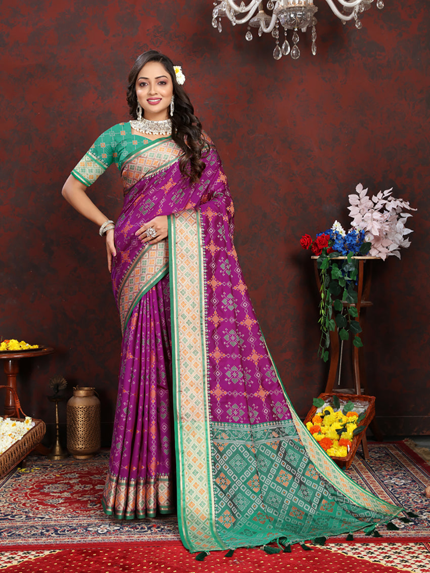 Lorenvalley Fashion Purple Patola Silk Woven Design with Zari Meenakari Weaving motifs Pallu Saree - Swadesiicart