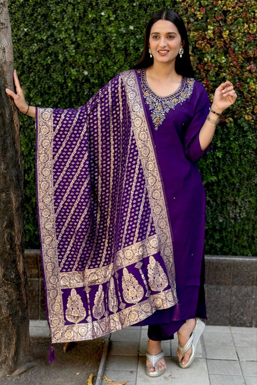 Lorenvalley Fashion Purple Roman Silk Hand Work Kurta Pant with Dupatta - Swadesiicart