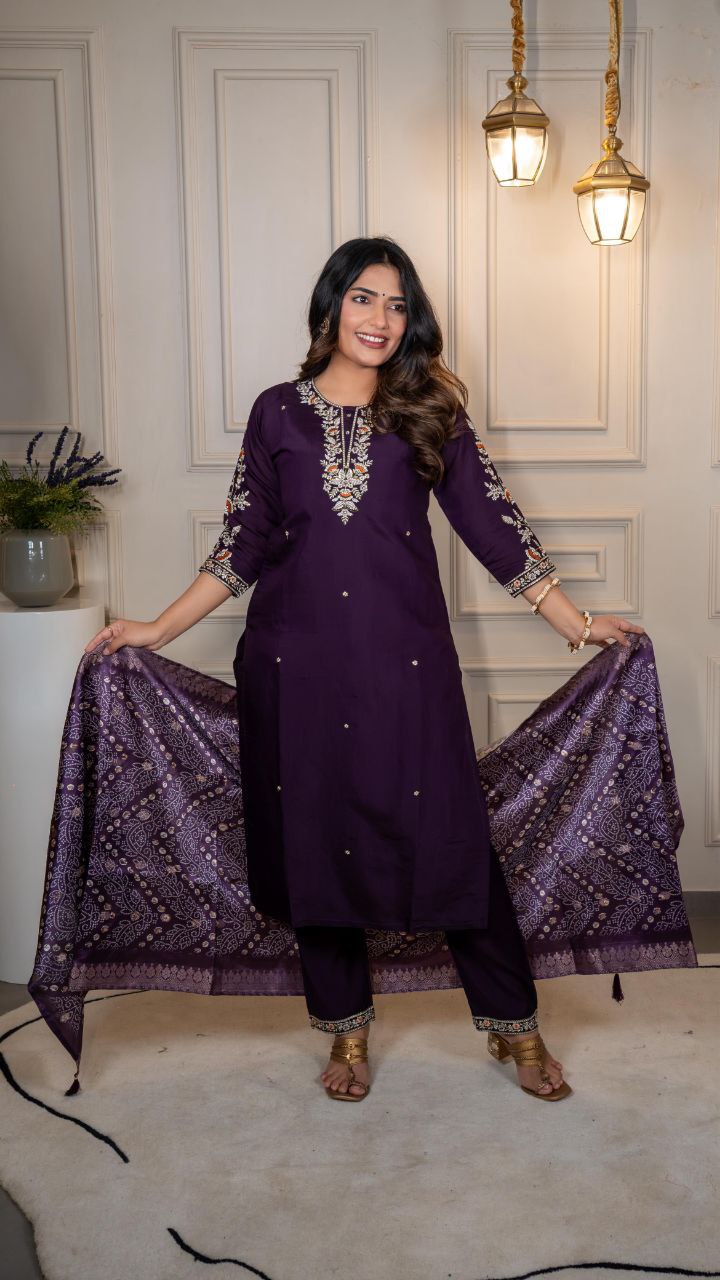 Lorenvalley Fashion Purple Roman Silk Embroidery Multi Work Kurta Pant with Dupatta - Swadesiicart