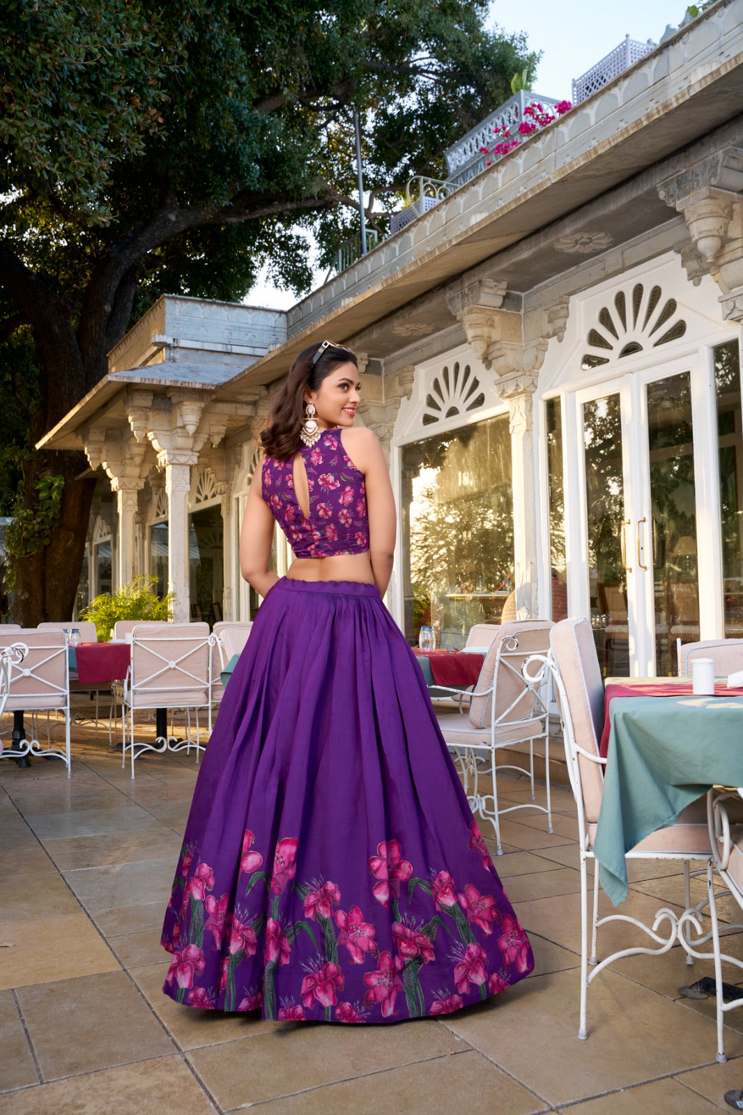 Lorenvalley Purple Tussar Silk Floral Print With Foil Work Lehenga Choli with Dupatta | Swadesiicart