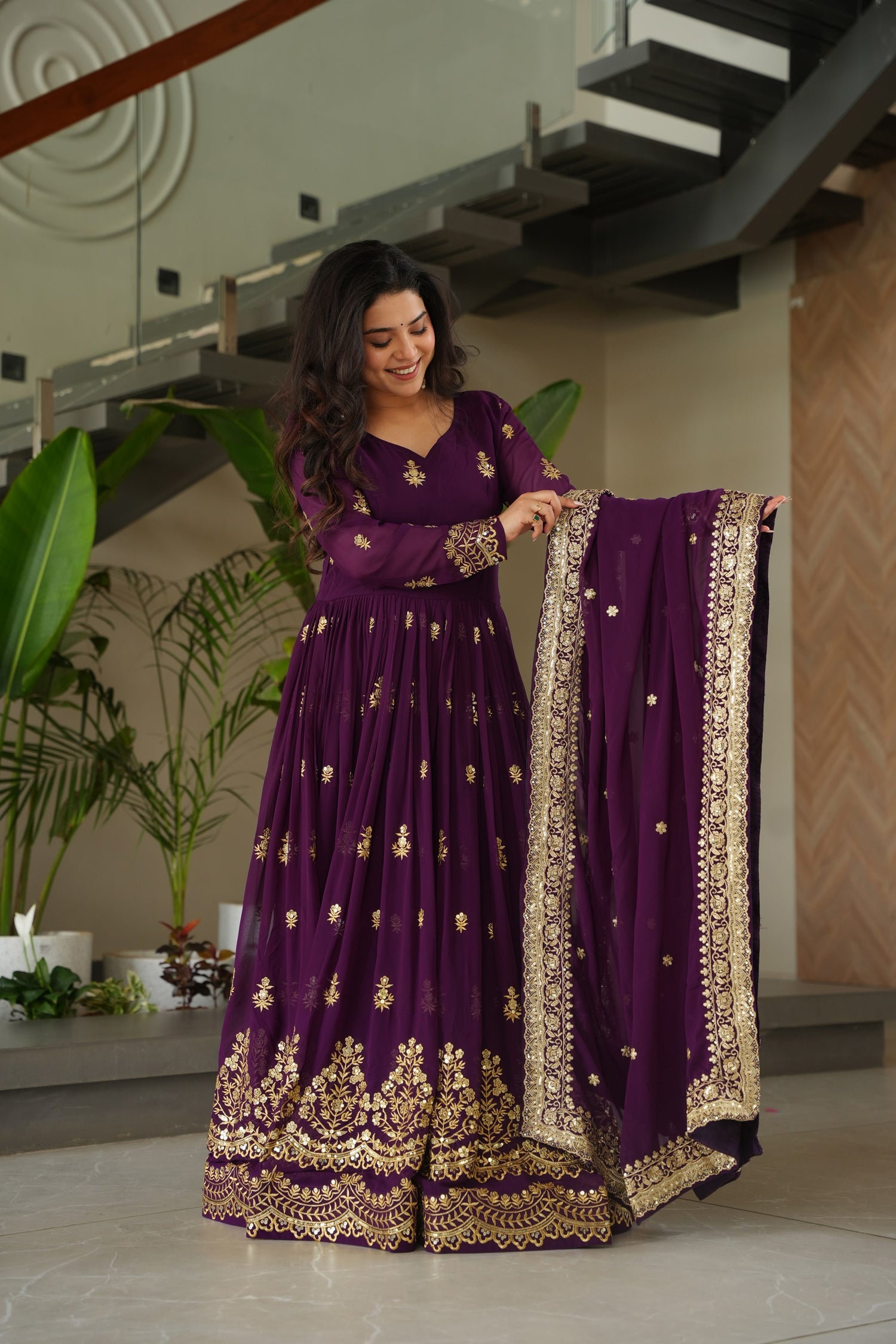 Lorenvalley Fashion Purple Faux Georgette with Zari & Sequins Embroidered Work Anarkali Gown with Dupatta - Swadesiicart