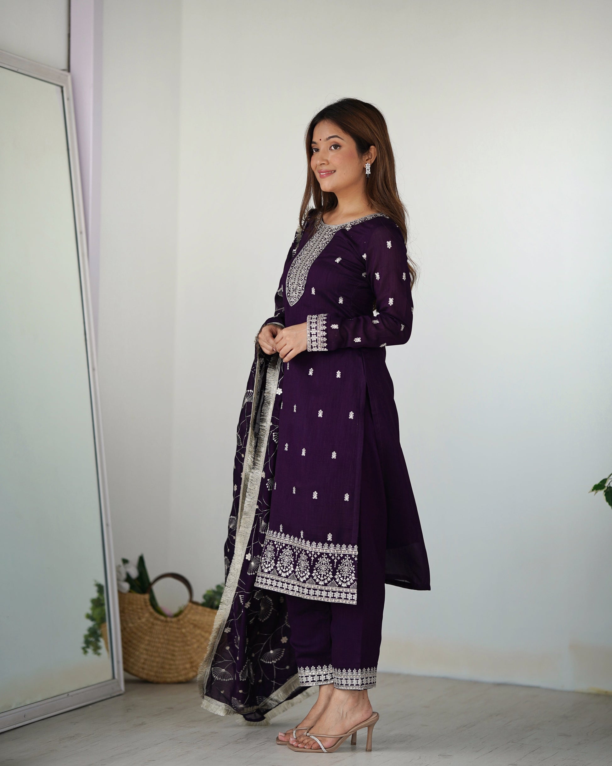 Lorenvalley Purple Rangoli Silk Embroidery Sequence and Jari Work Kurta Trousers with Dupatta Set | Swadesiicart