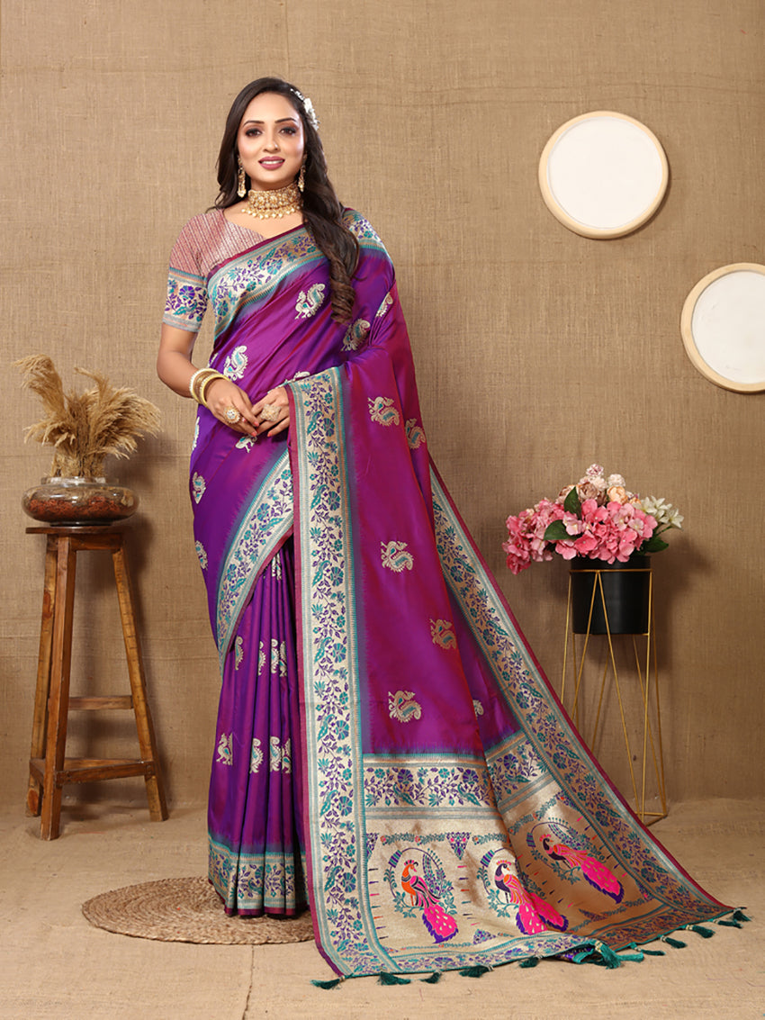 Lorenvalley Fashion Purple Soft Paithani Silk Woven Design Rich Meenakari Zari Weaving Pallu Saree - Swadesiicart