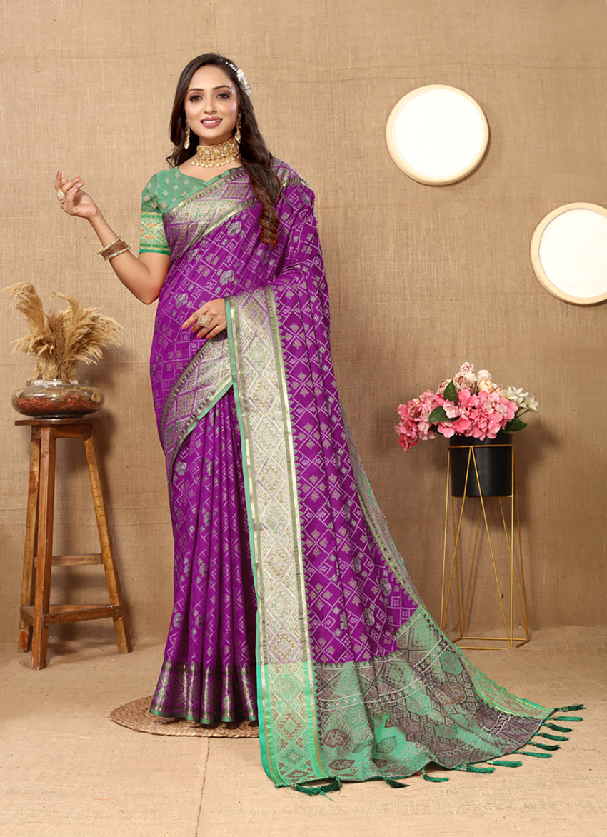 Lorenvalley Fashion Purple Patola Silk Woven Design with Zari Meenakari Weaving motifs Pallu Saree - Swadesiicart
