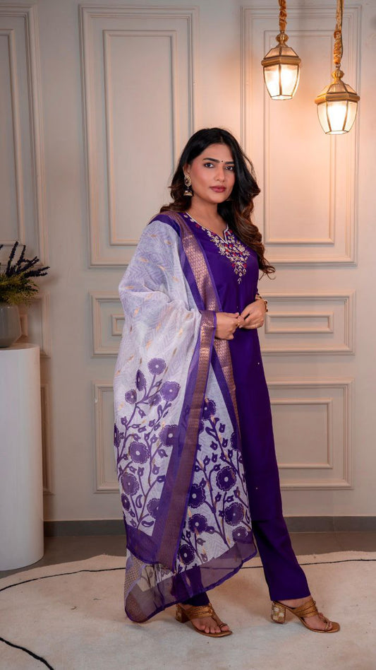 Lorenvalley Fashion Purple Roman Silk Hand Work Kurta Pant with Dupatta - Swadesiicart