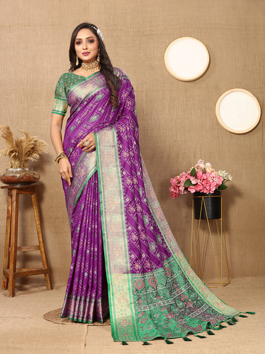 Lorenvalley Fashion Purple Patola Silk Woven Design with Zari Meenakari Weaving motifs Pallu Saree - Swadesiicart