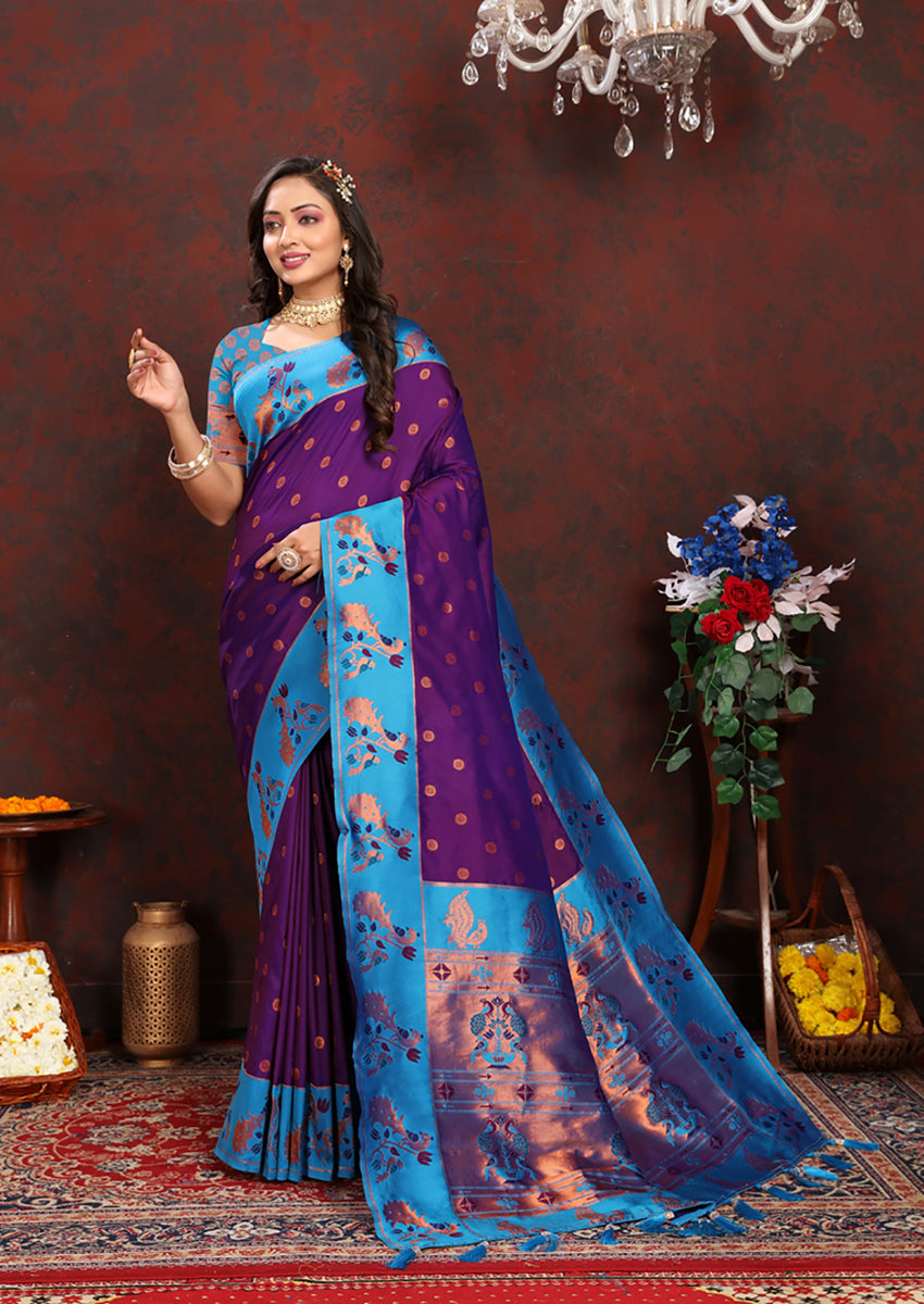 Lorenvalley Fashion Purple Soft Paithani Silk Woven Design Rich Zari Meenakari Weaving Saree - Swadesiicart