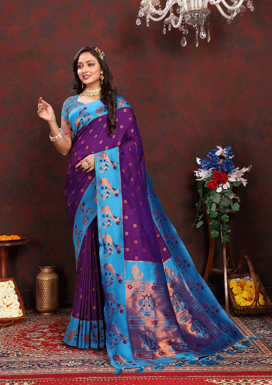 Lorenvalley Fashion Purple Soft Paithani Silk Woven Design Rich Zari Meenakari Weaving Saree - Swadesiicart