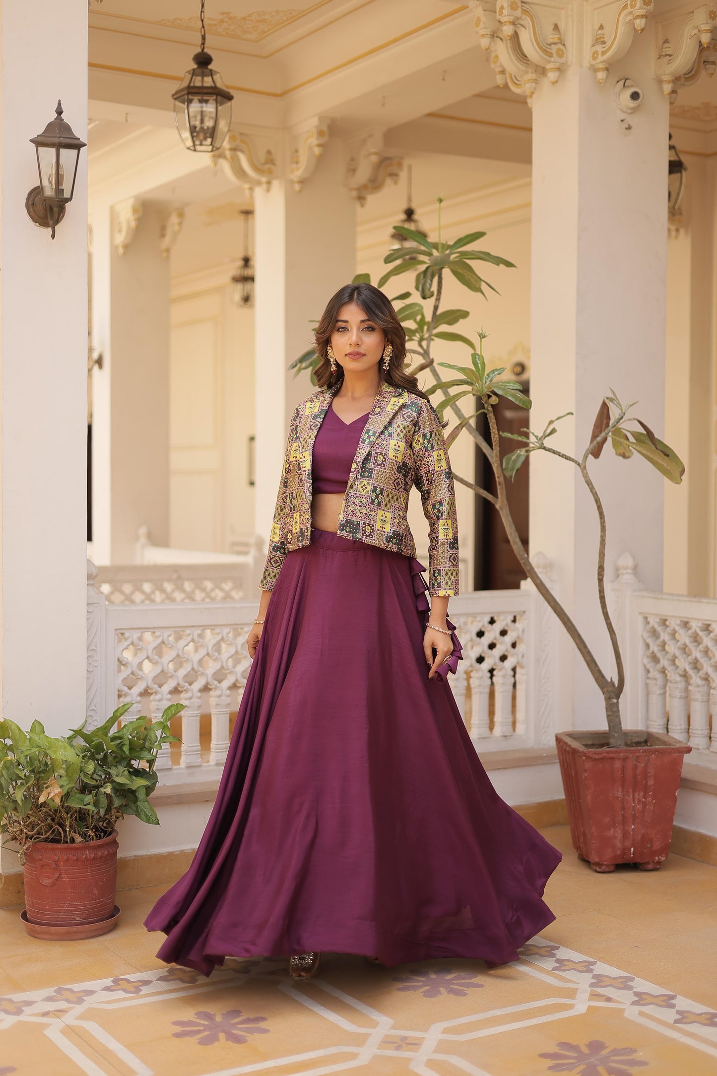 Lorenvalley Purple Premium Chinnon Lehenga Choli with Jacquard Woven Design Koti | Swadesiicart