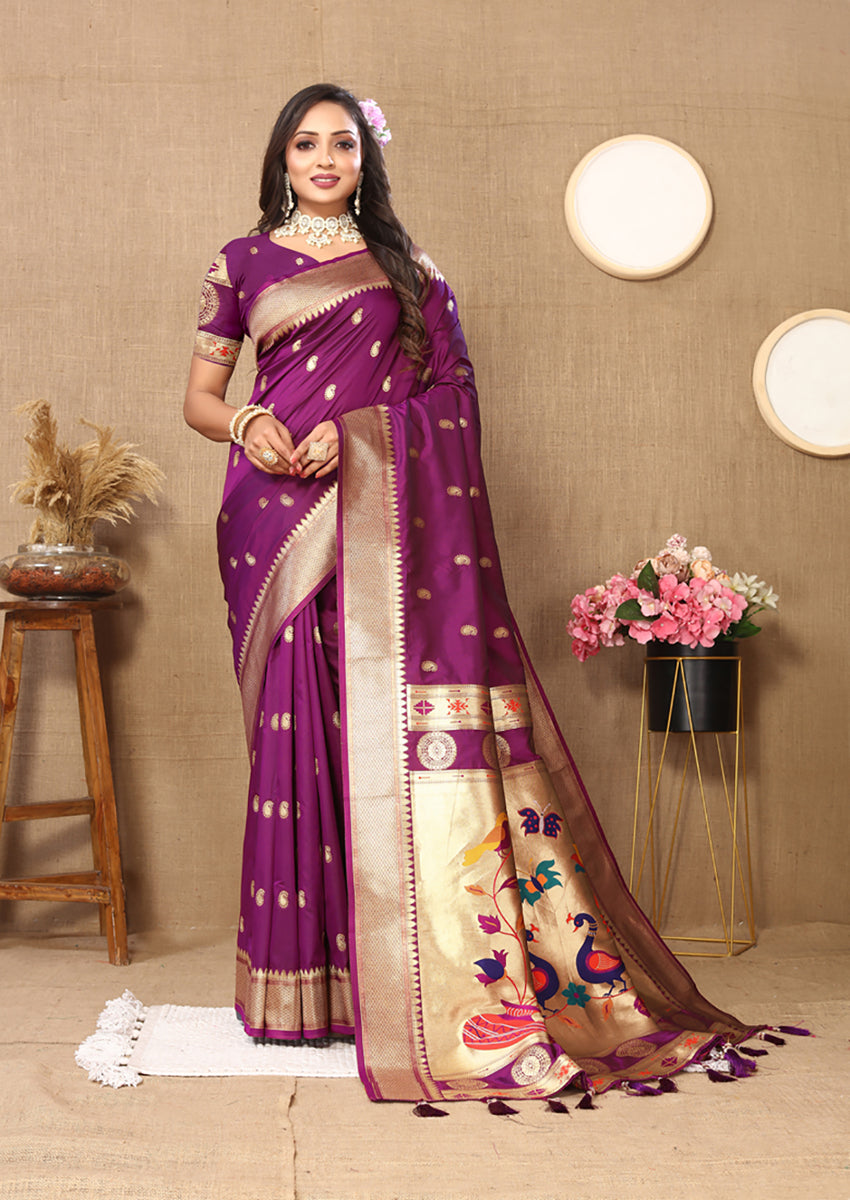 Lorenvalley Fashion Purple Soft Paithani Silk Woven Design Rich Zari Meenakari Weaving Saree - Swadesiicart