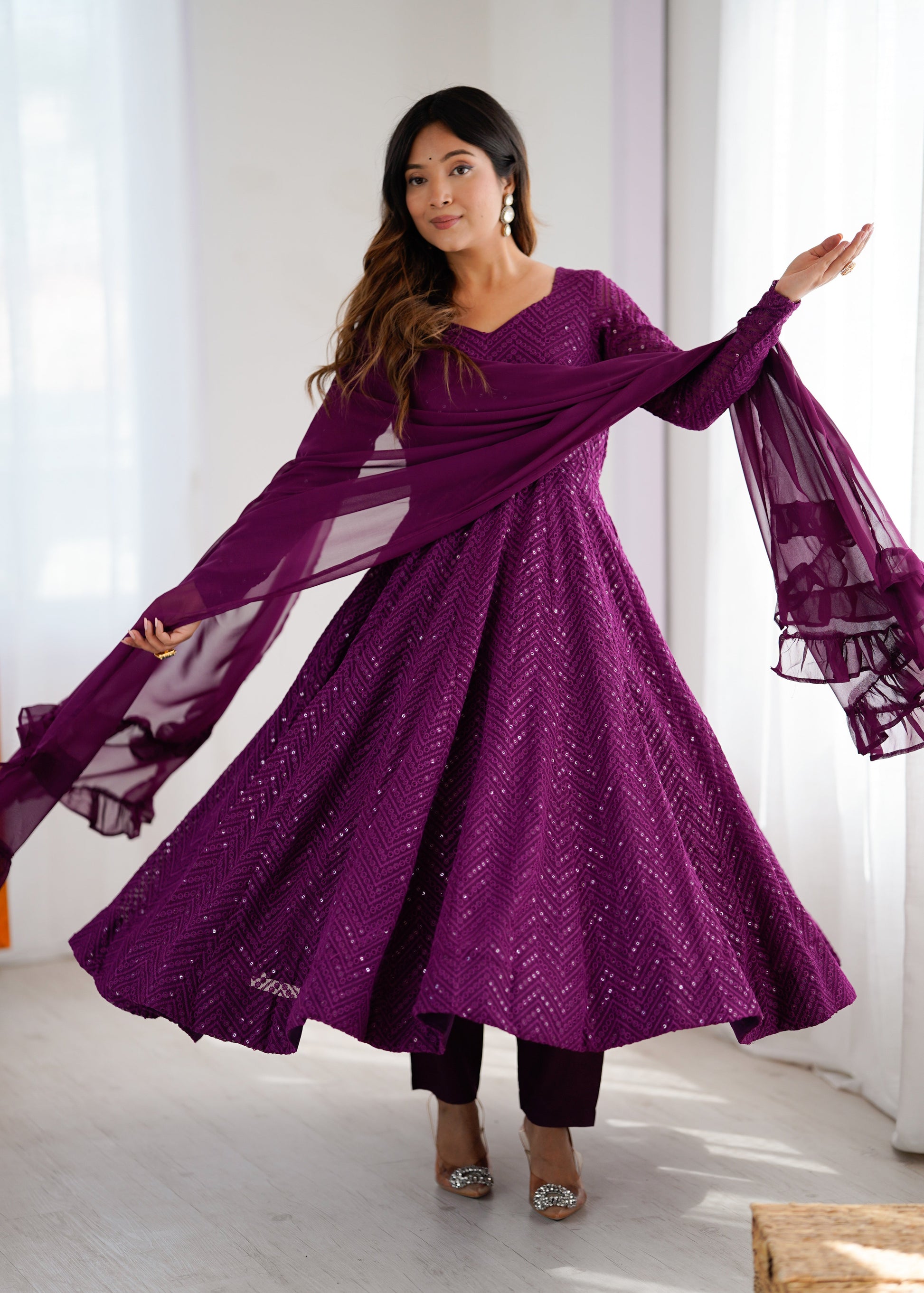 Lorenvalley Purple Faux Georgette Lukhnowi Sequence Work Anarkali Kurta Pant With Dupatta Set - Swadesiicart