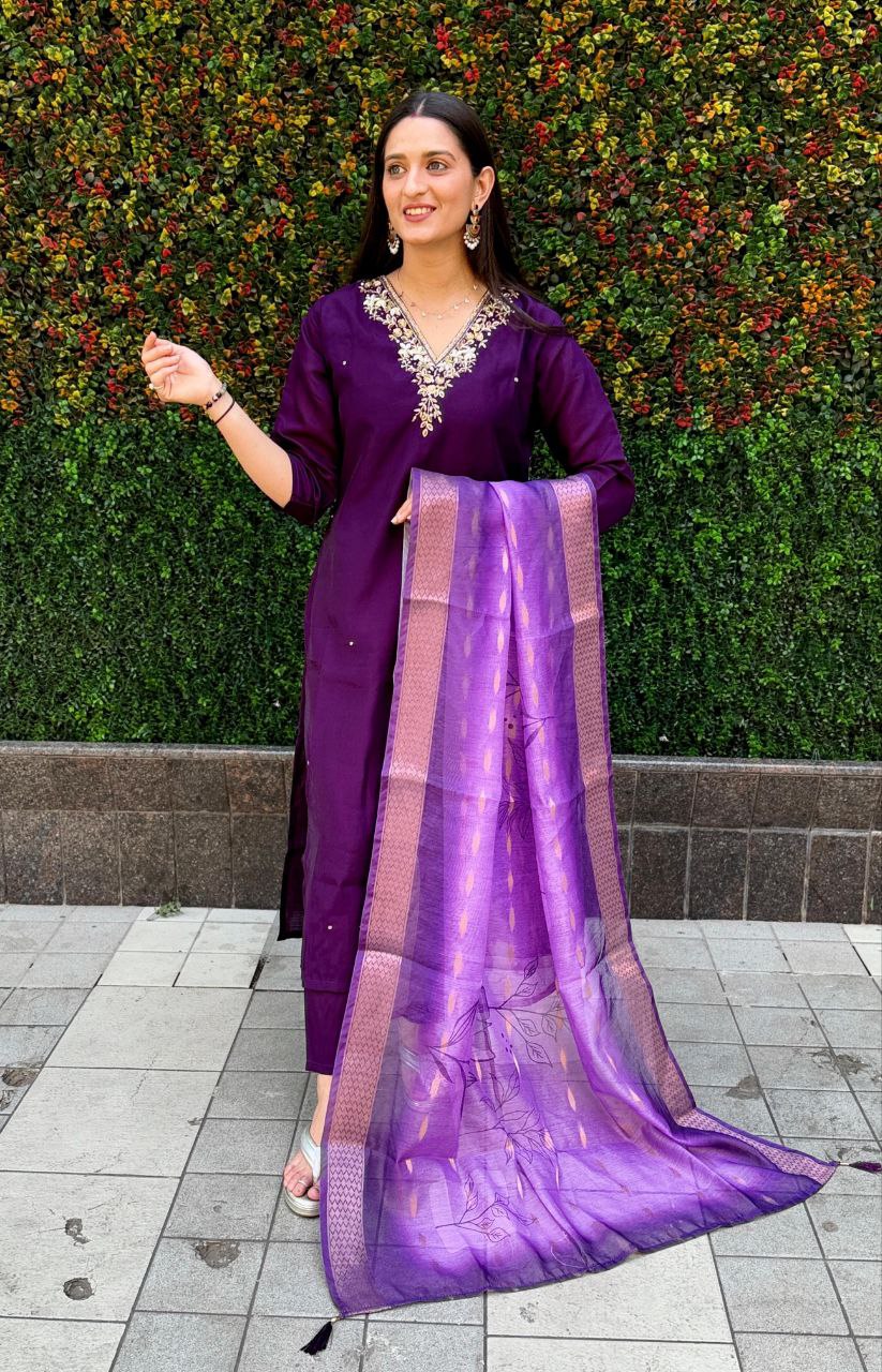 Lorenvalley Fashion Purple Roman Silk Hand Work Kurta Pant with Dupatta - Swadesiicart