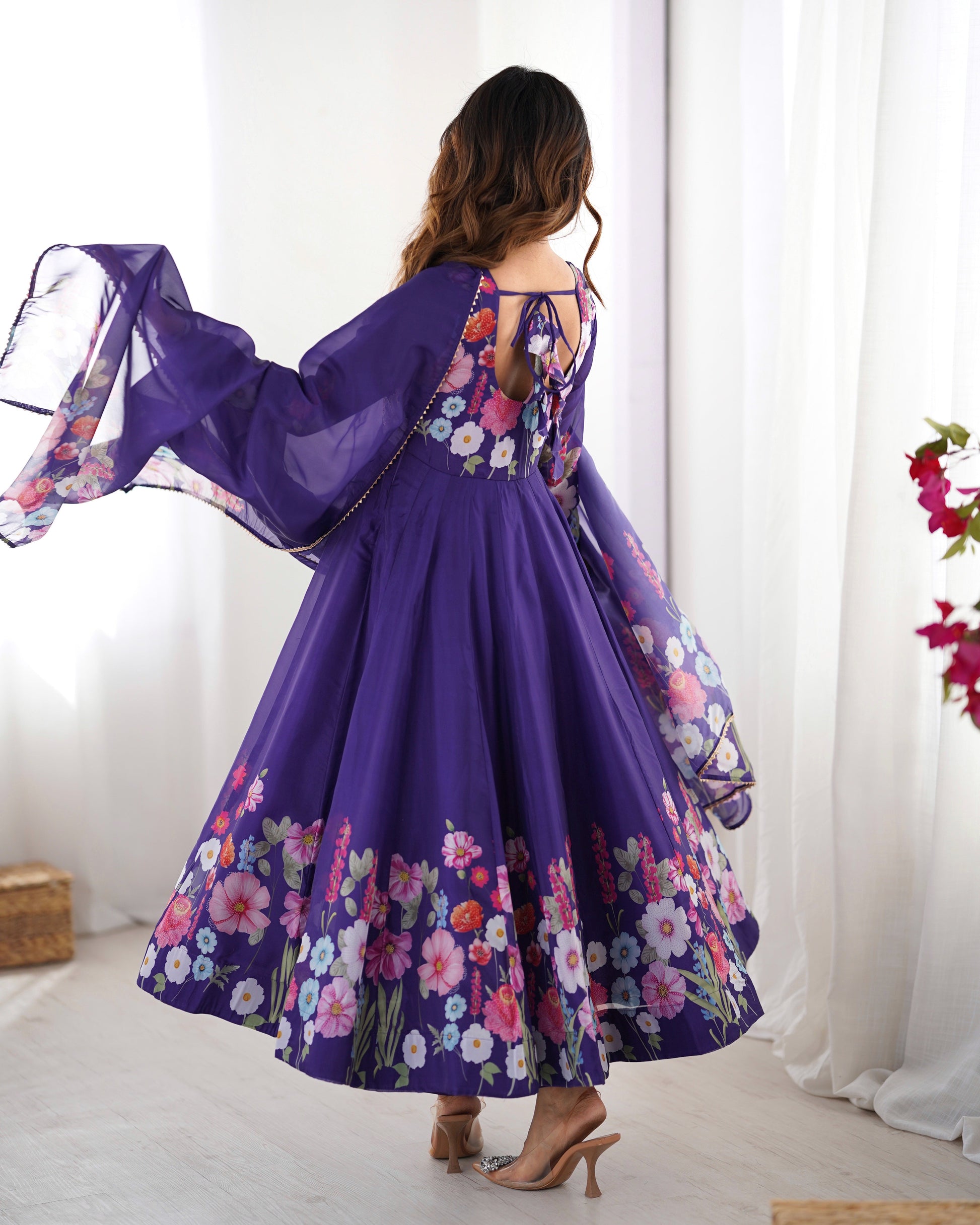 Lorenvalley Purple Soft Organza Silk With Floral Print Fully Flared Anarkali Pant With Dupatta Set | Swadesiicart