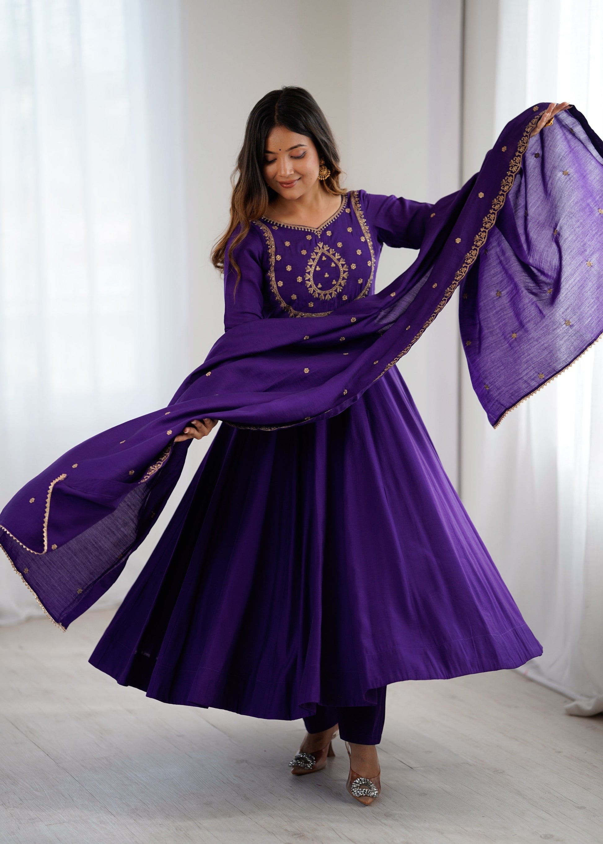 Lorenvalley Fashion Purple Roman Chanderi Silk Handwork Beads Work Anarkali Pant with Dupatta - Swadesiicart