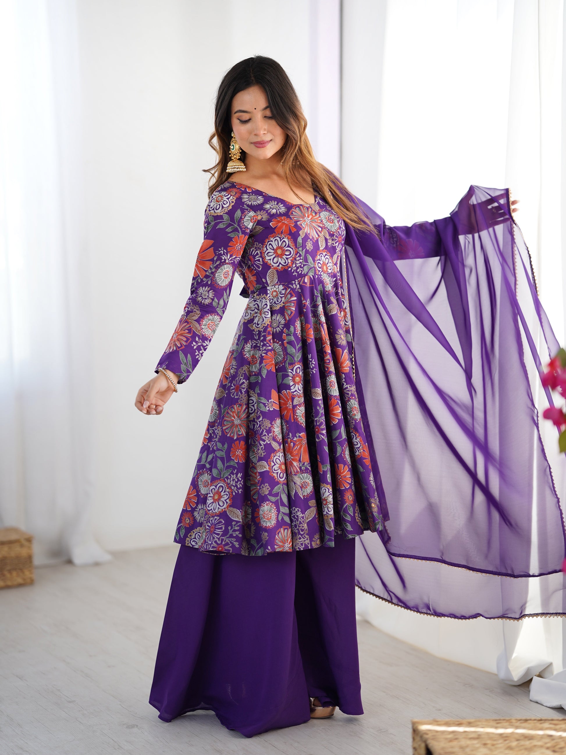 Lorenvalley Women Pure Soft Roman silk Chanderi Discharge Print Fabric Kediya Kurta Palazzo with Dupatta Set | Swadesiicart